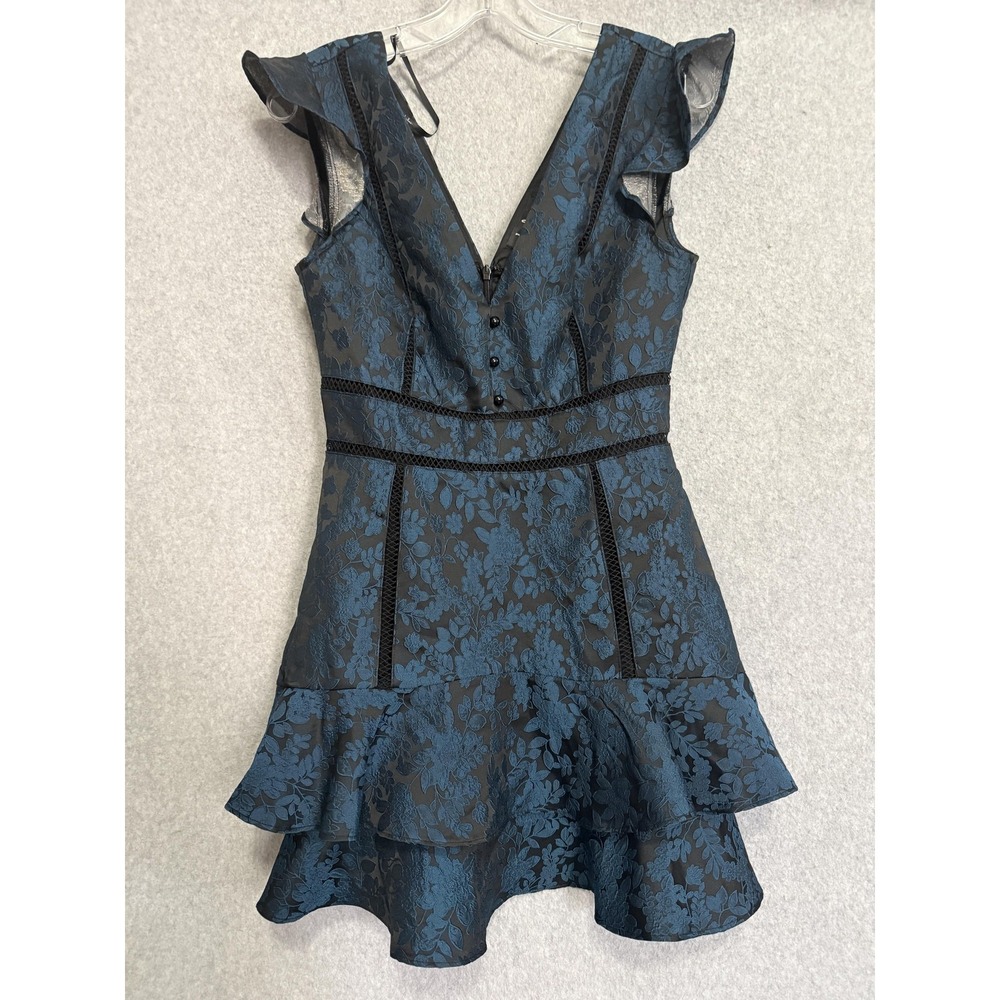 Lulus Dress Womens Small Blue Floral Jacquard Ruffle Fit & Flare Mini Party